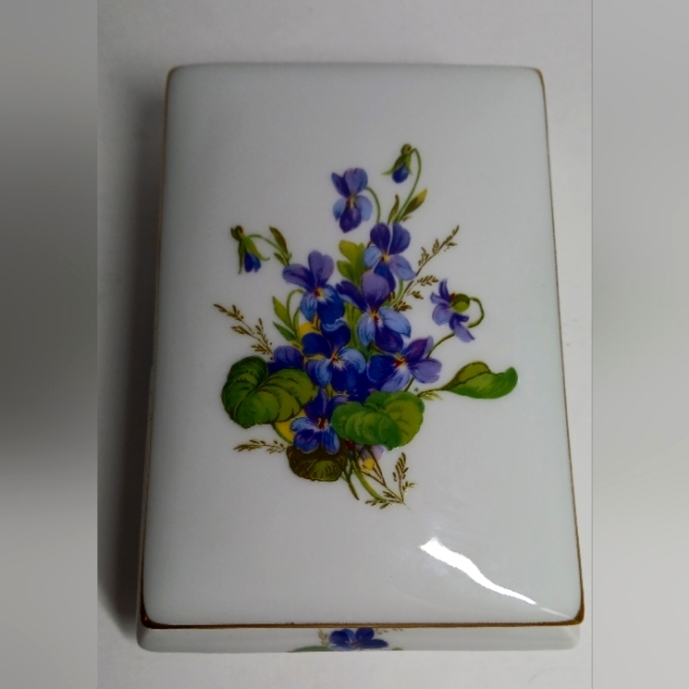 Limoges Covered Trinket Vanity Dish Violets LEC Leclair Candy Jewelry Porcelain